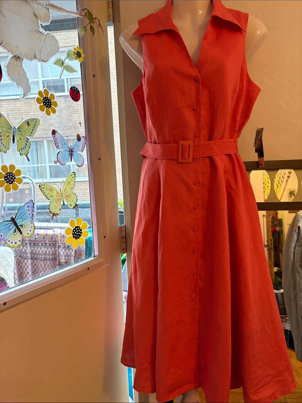 Jones New York Sleeveless Collared Midi Dress in Coral Redn. Linen